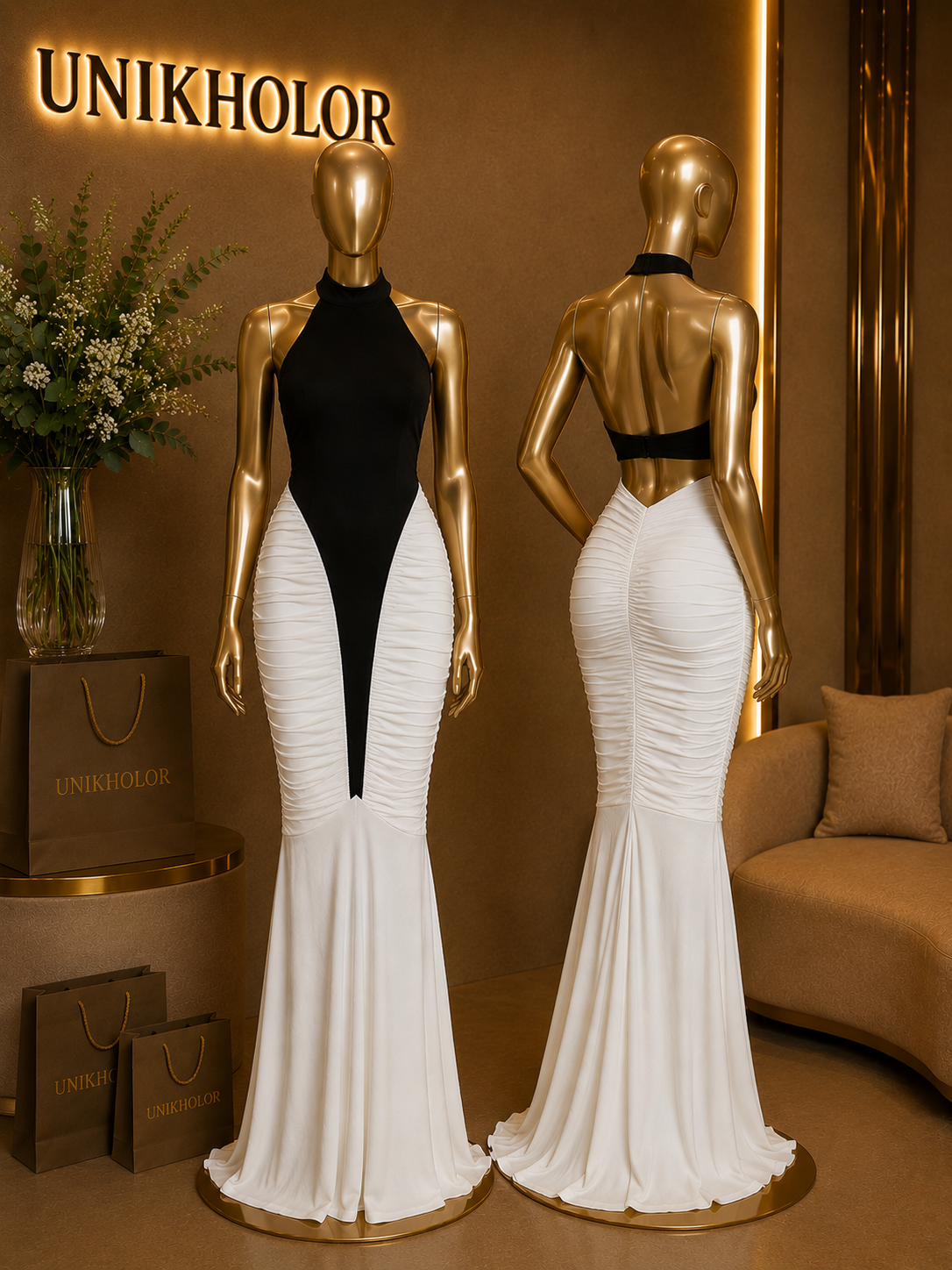 Vestido blanco y negro drapeado cb