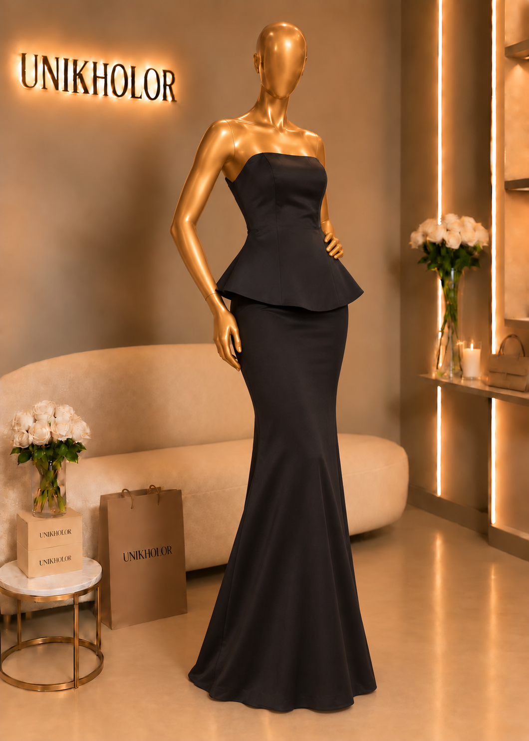 Vestido negro largo strapless cb