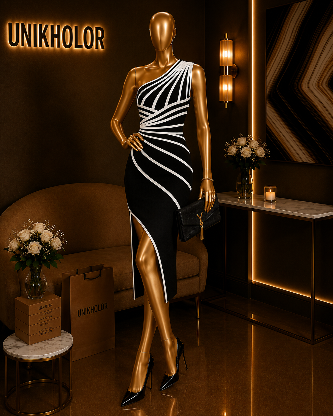 Vestido bandage negro con blanco medio hombro