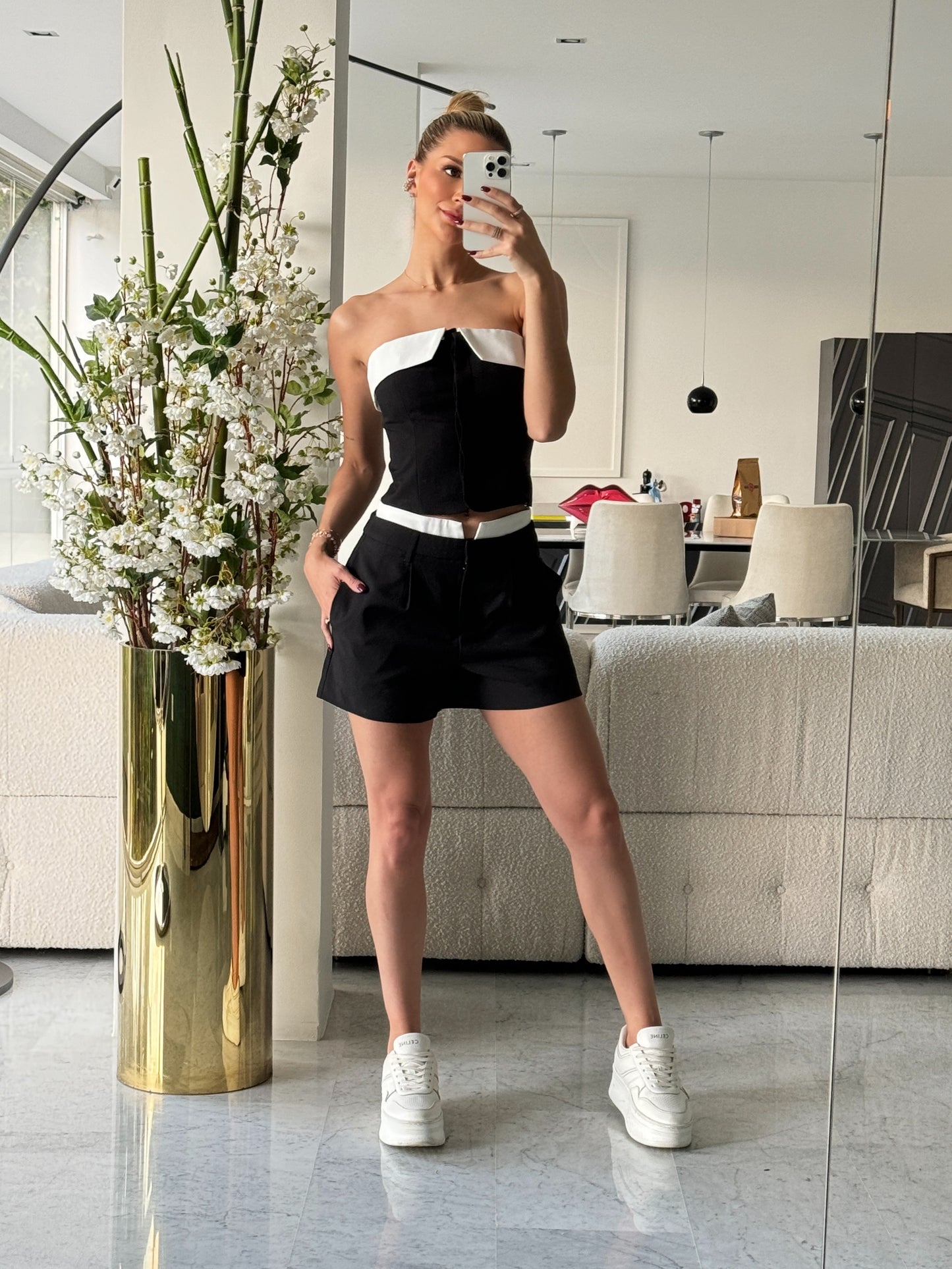 Set de short y top doble pretina negro con blanco