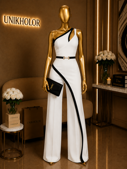 Jumpsuit blanco con negro y cinturón cb