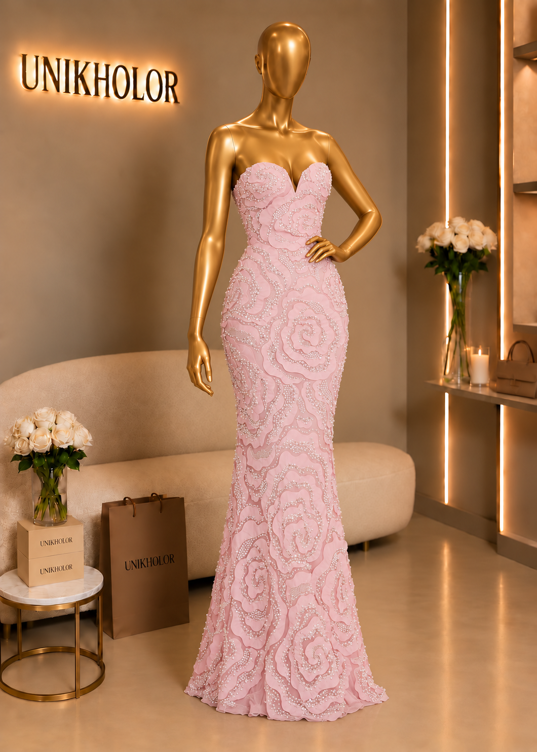 Vestido rosado con perlas y canutillos cb