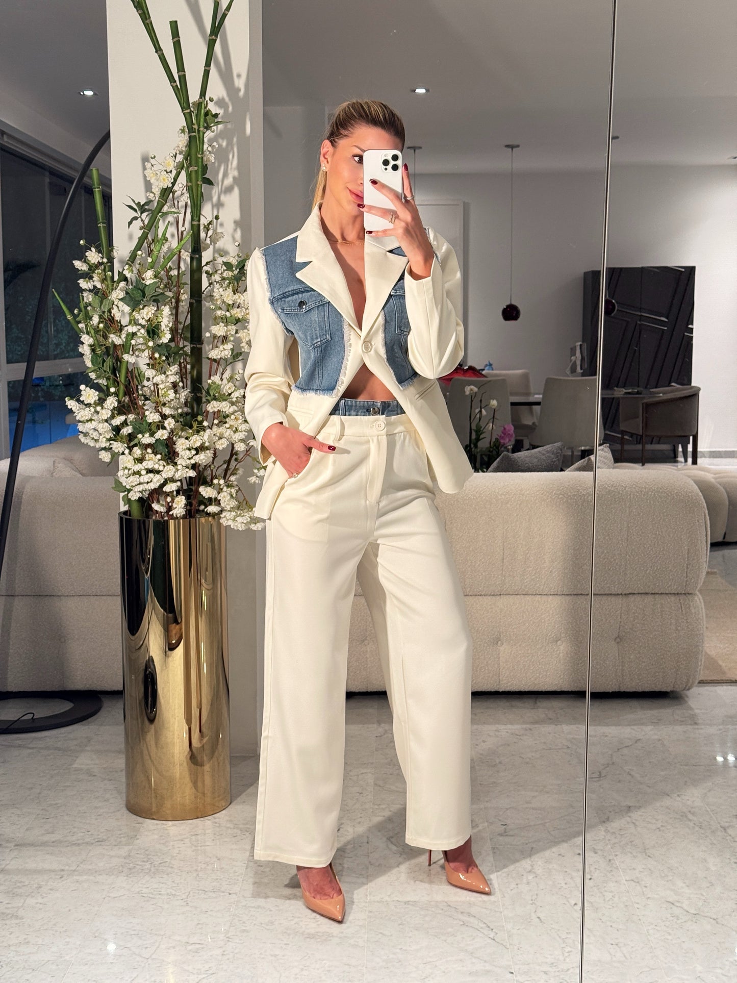 Set de blazer y Pant beige de jeans