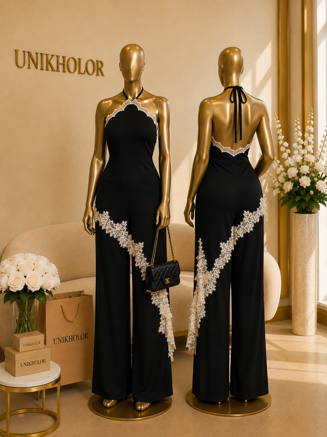 Jumpsuit con detalle en encaje negro y blanco cb