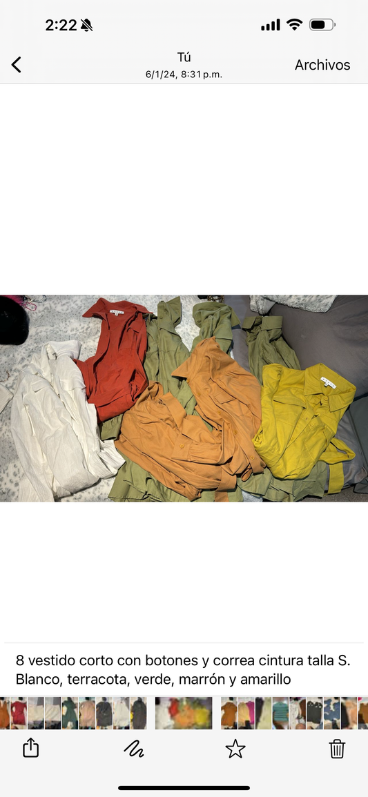 8 vestido corto con botones y correa cintura talla S. Blanco, terracota, verde, marrón, amarillo, negro