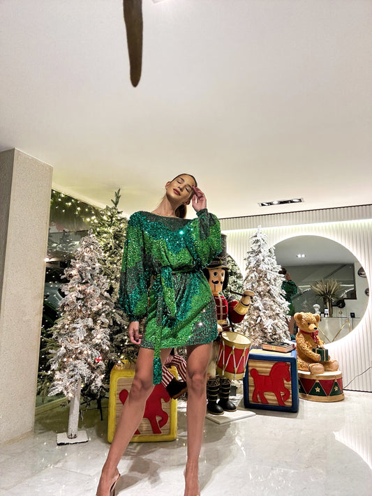 Vestido verde lentejuelas con cinturón talla
