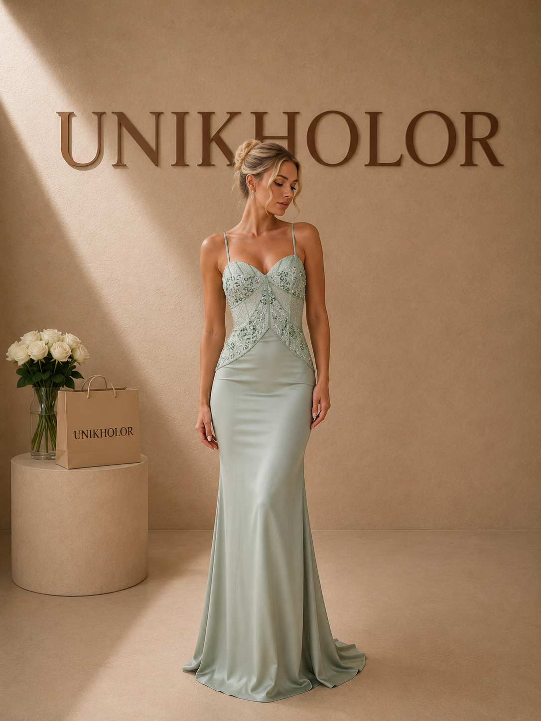 Vestido de seda y brillos verde cb