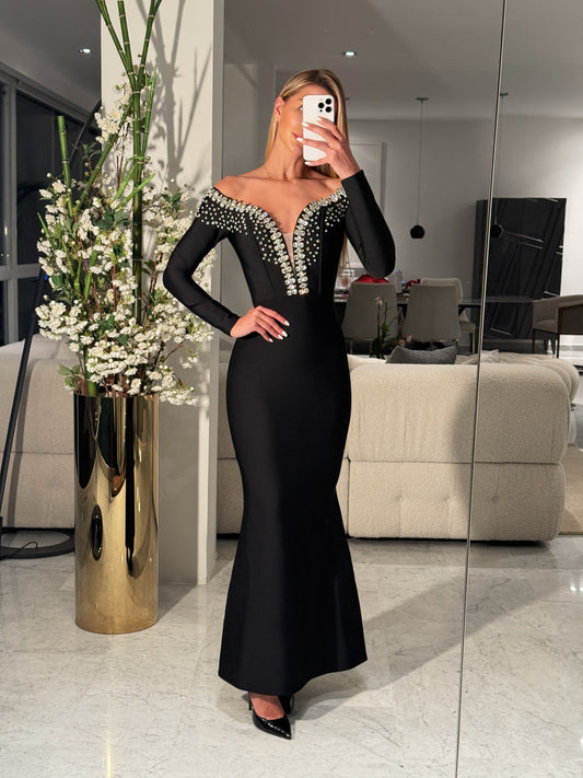 Maxi vestido bandage negro con brillantes S