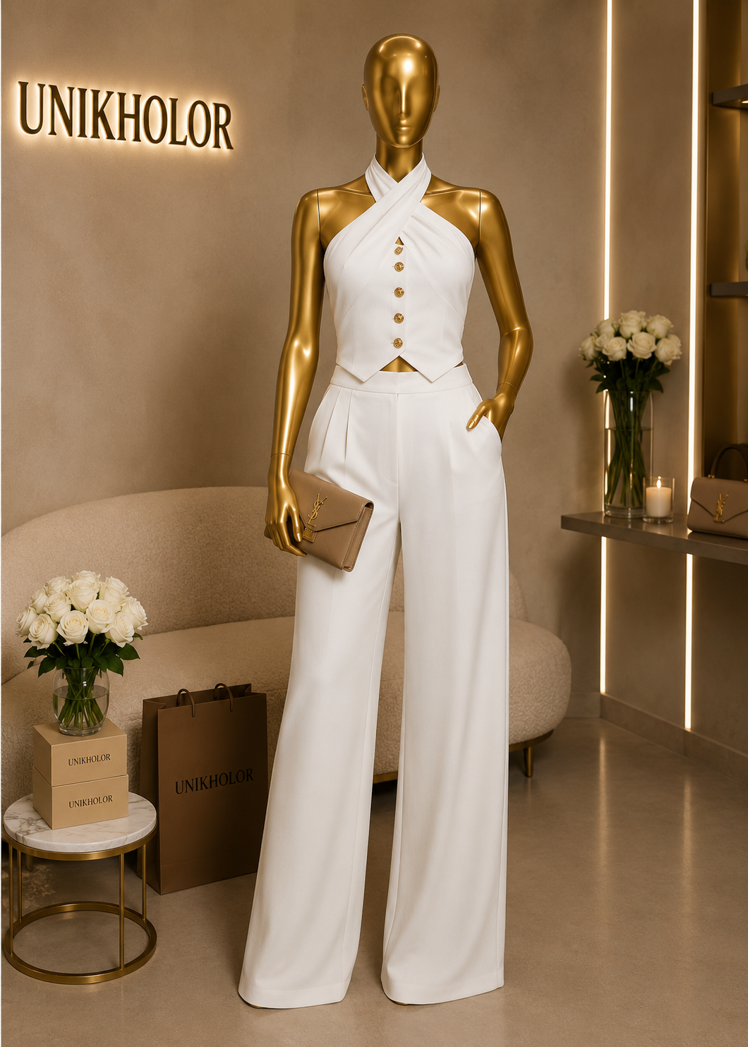 Set blanco con botones dorados cb