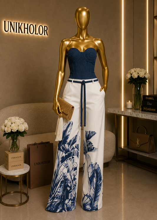 Set azul de pantalón estampado y corset cb