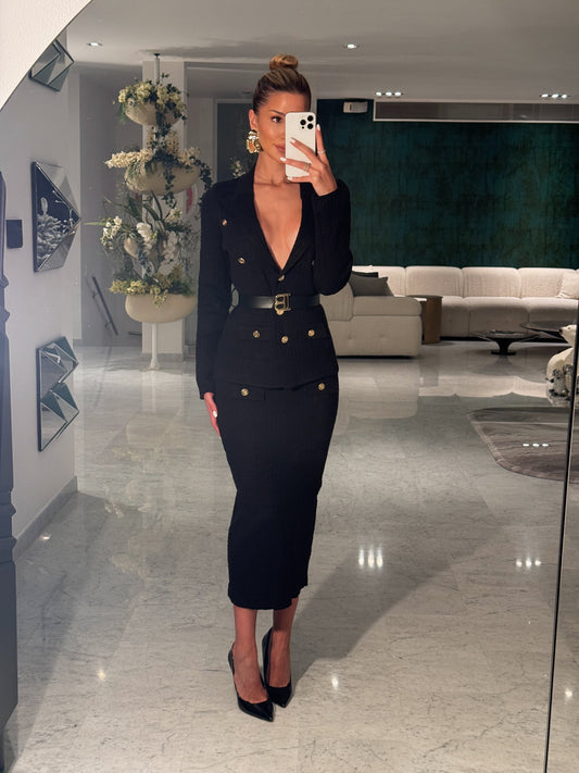 Set de blazer y falda stretch negro con dorado cb 3 talla única.