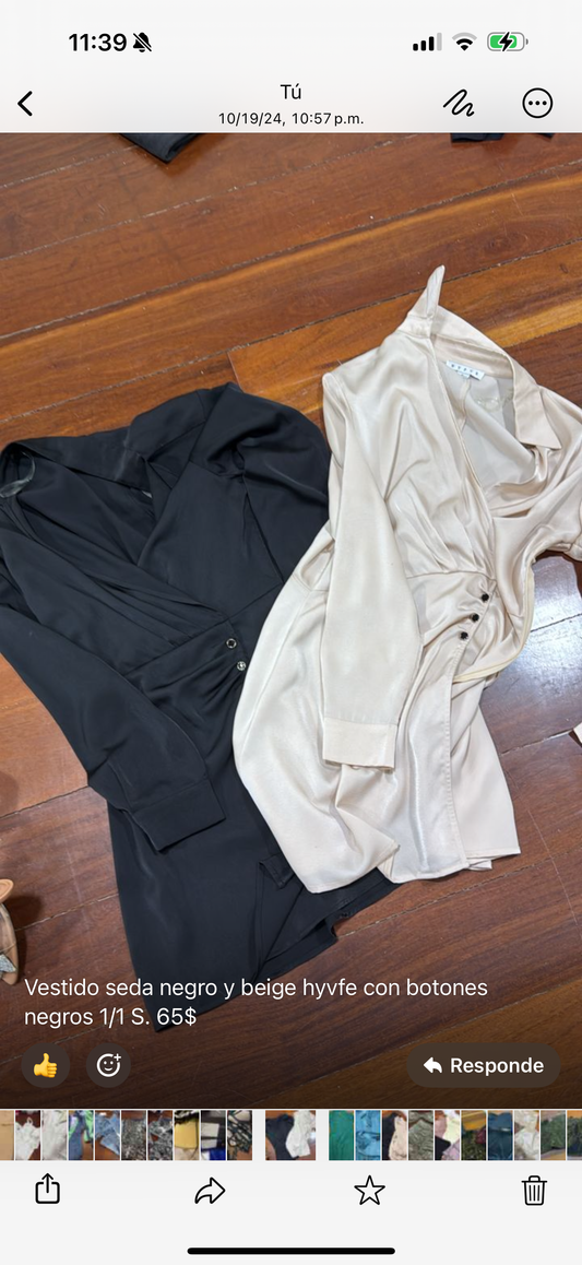 Vestido seda negro y beige hyvfe con botones negros S.