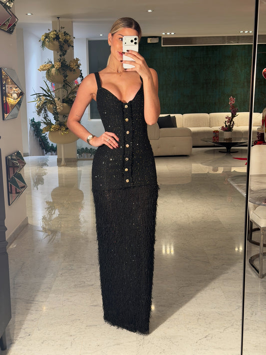 Vestido negro con flecos y botones blithe