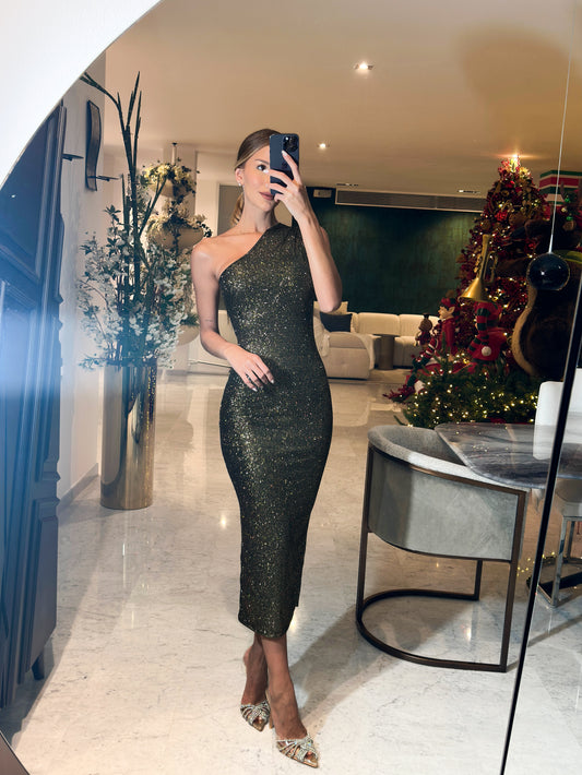 Vestido brillante una manga negro dorado