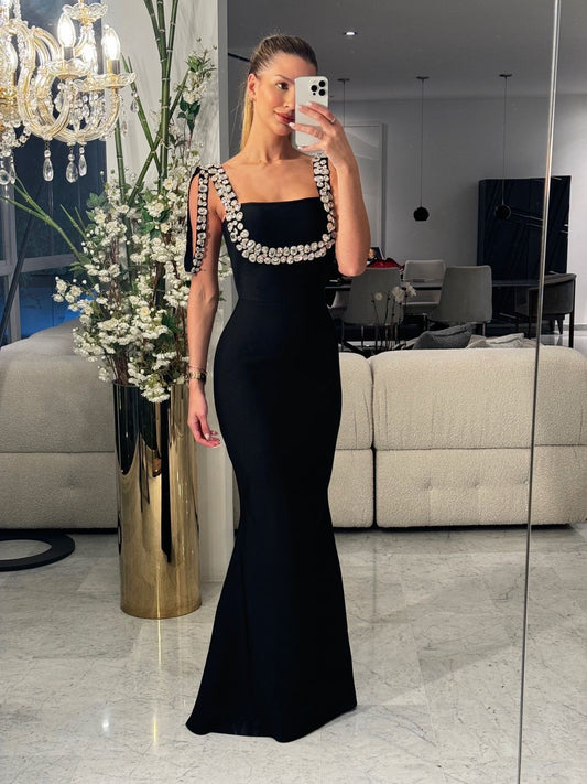 Maxi vestido bandage negro con brillantes S.