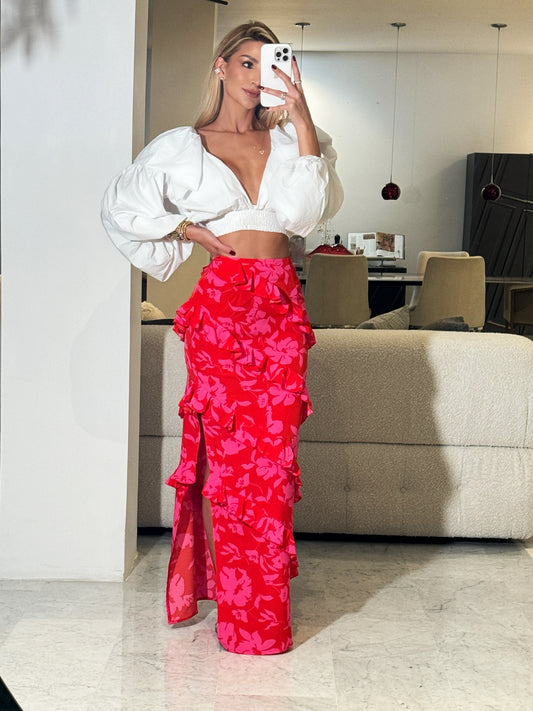 Falda roja con fucsia