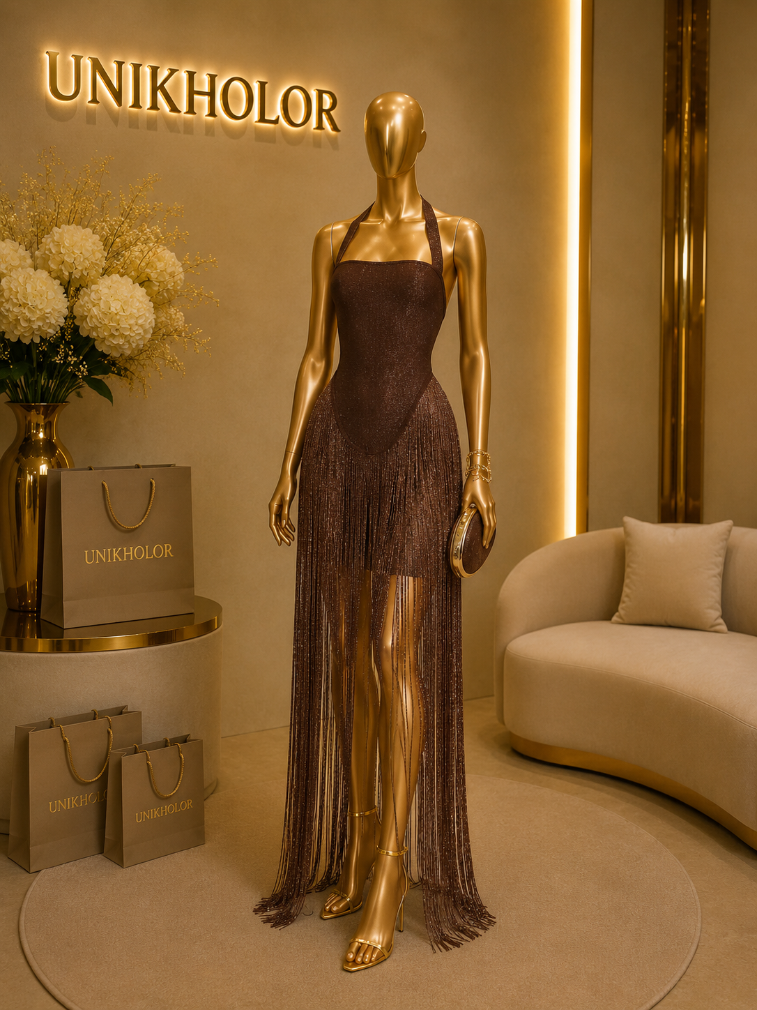 Vestido marrón brillante con flecos  cb