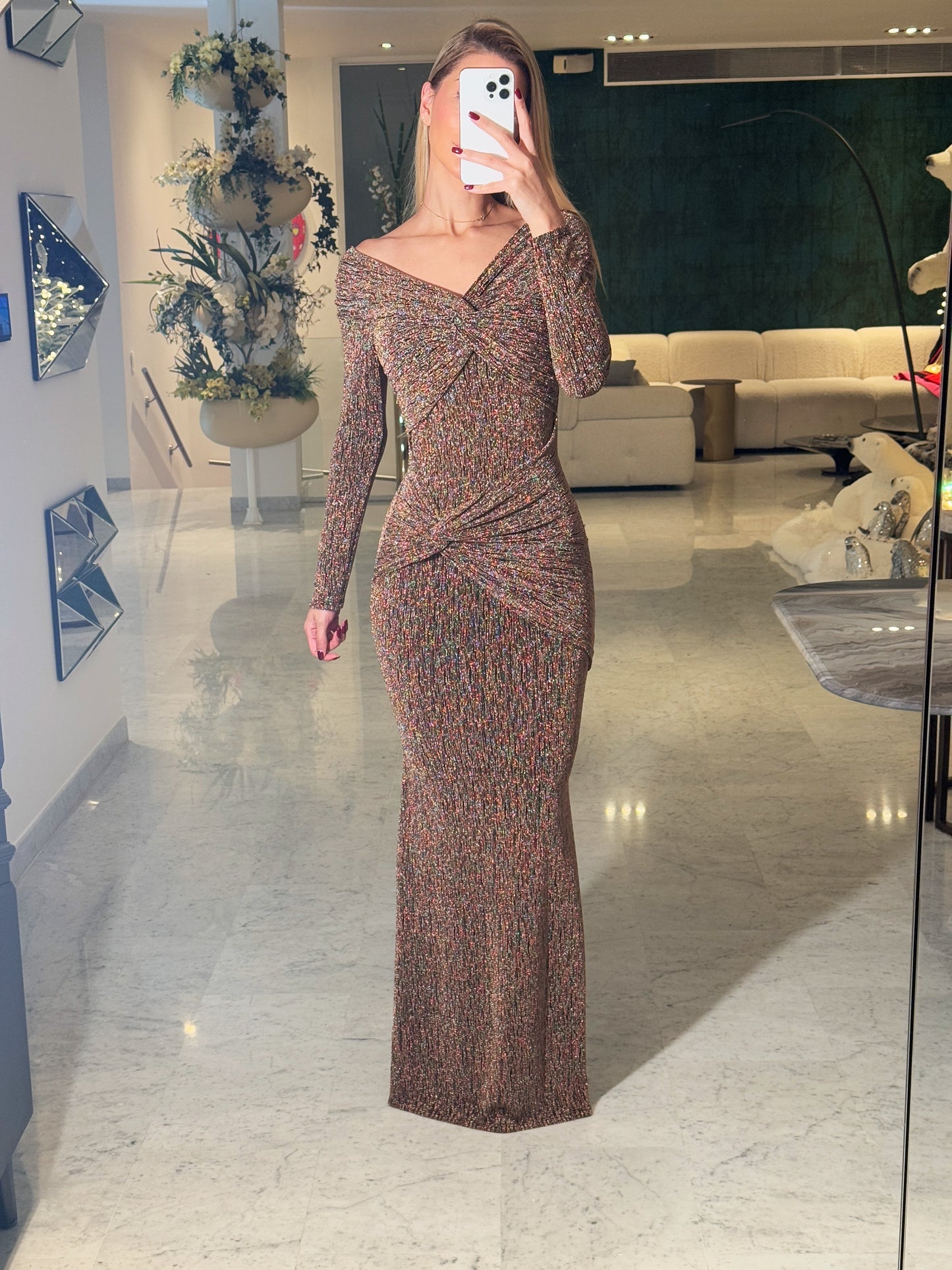 Maxi vestido plateado y dorado cameo.