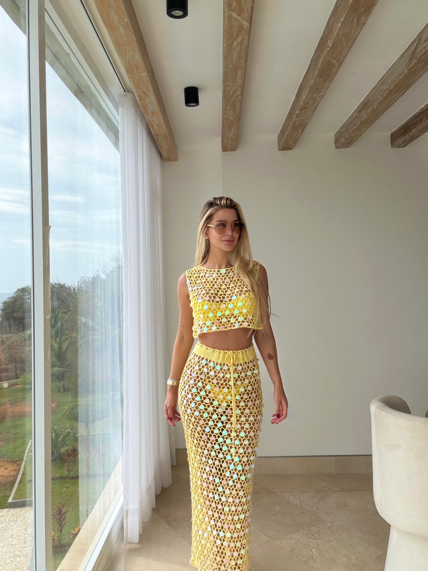 Set amarillo de falda larga mermaid fashion