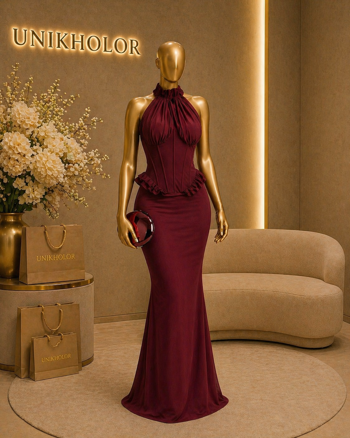 Vestido vino con Corset y transparencias cb