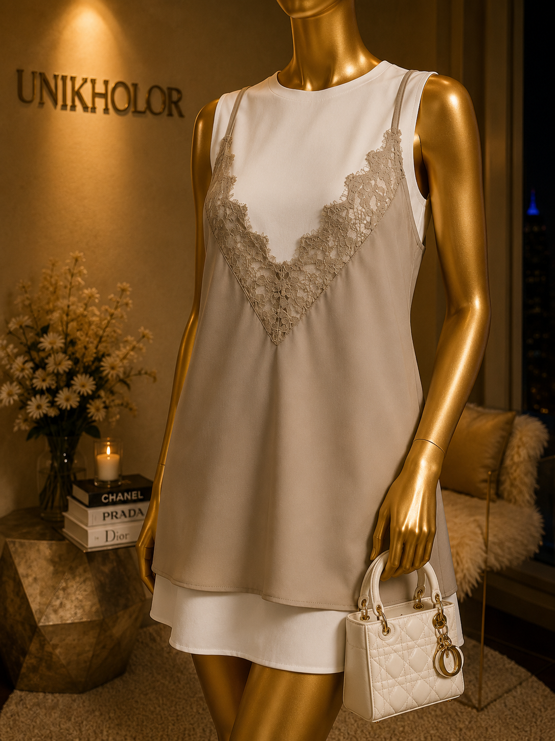 Vestido de seda con encaje marrón mable