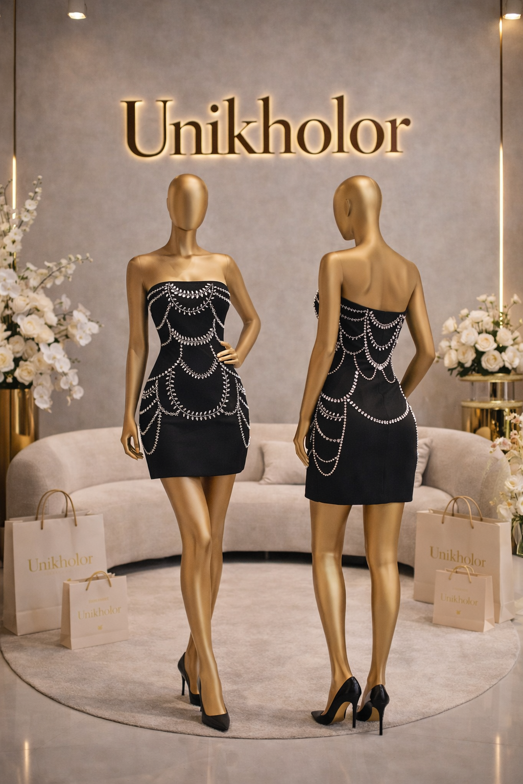 Vestido bandage negro corto strapless con brillos cb