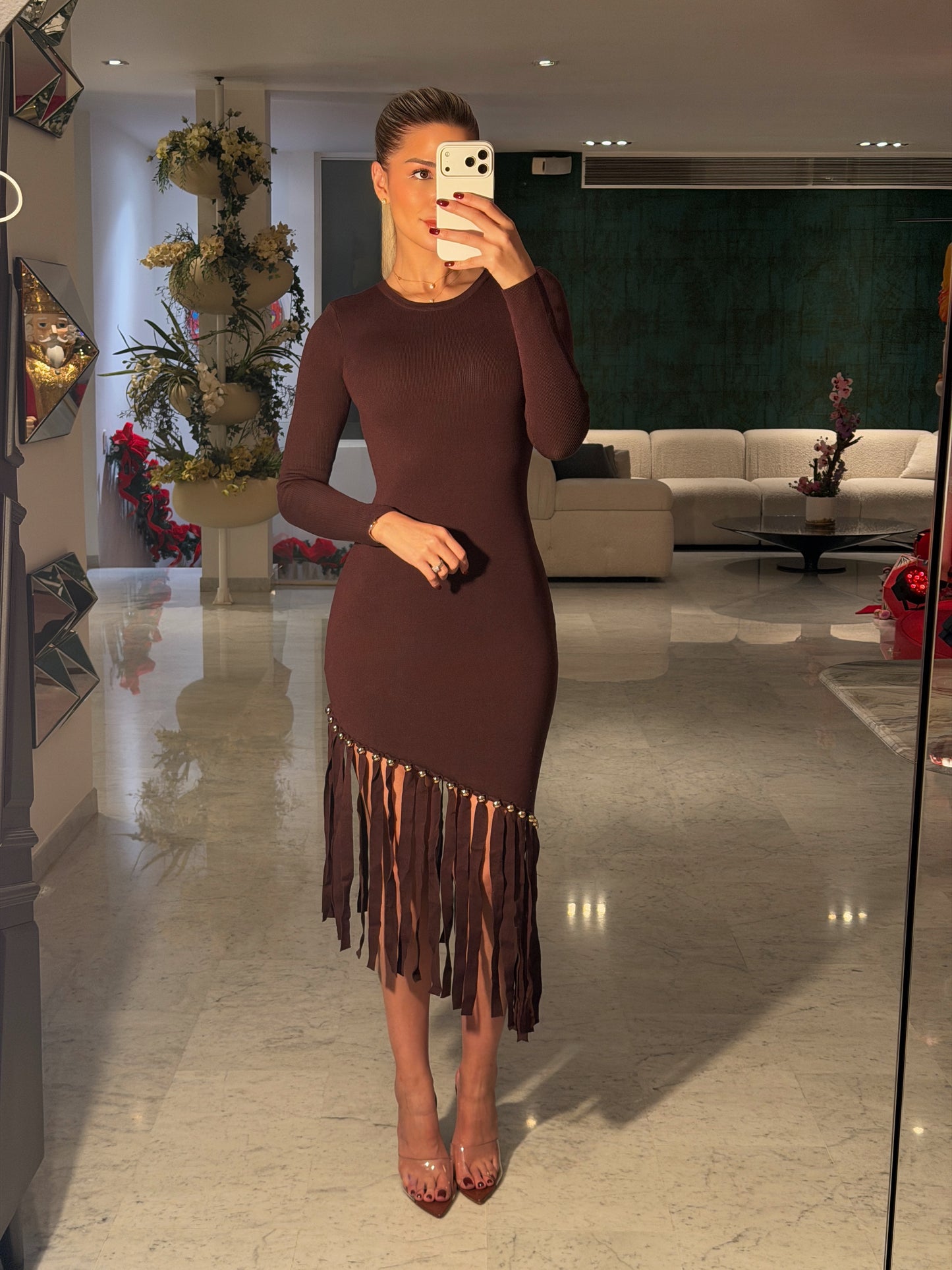 Vestido azul y marrón con flecos rivir 1/1/1 y 1/1/1 $120