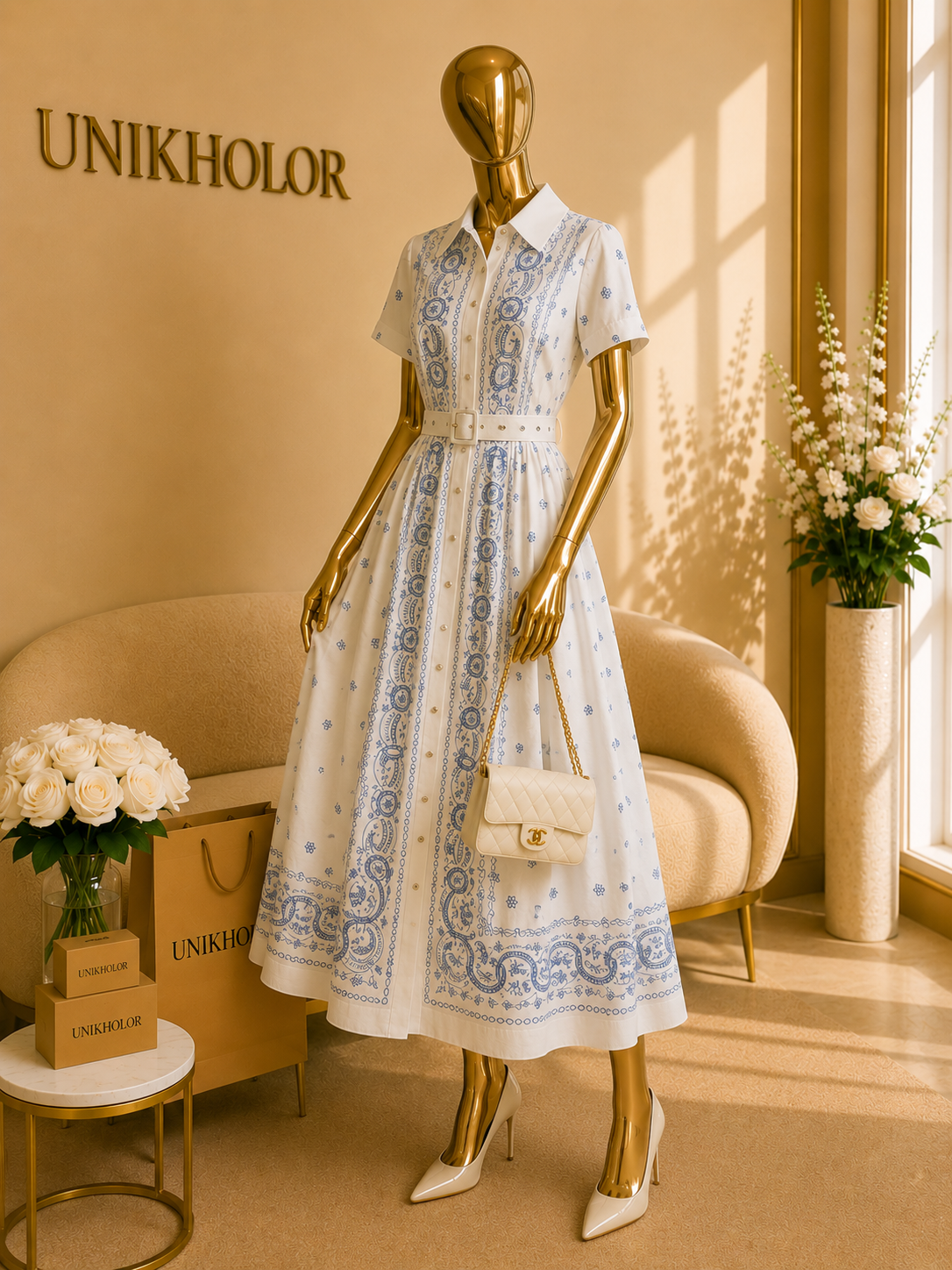 Vestido blanco con estampado azul cb