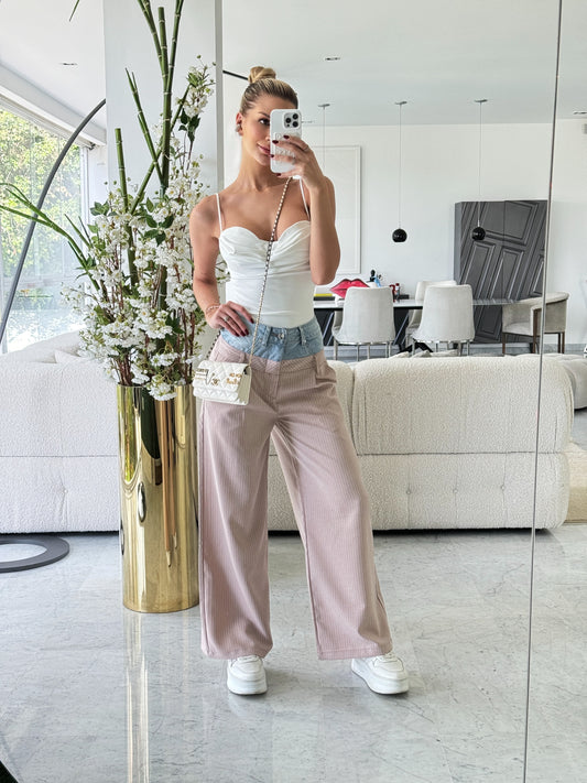Pantalón doble tono y doble pretina jeans con rosa y rayas