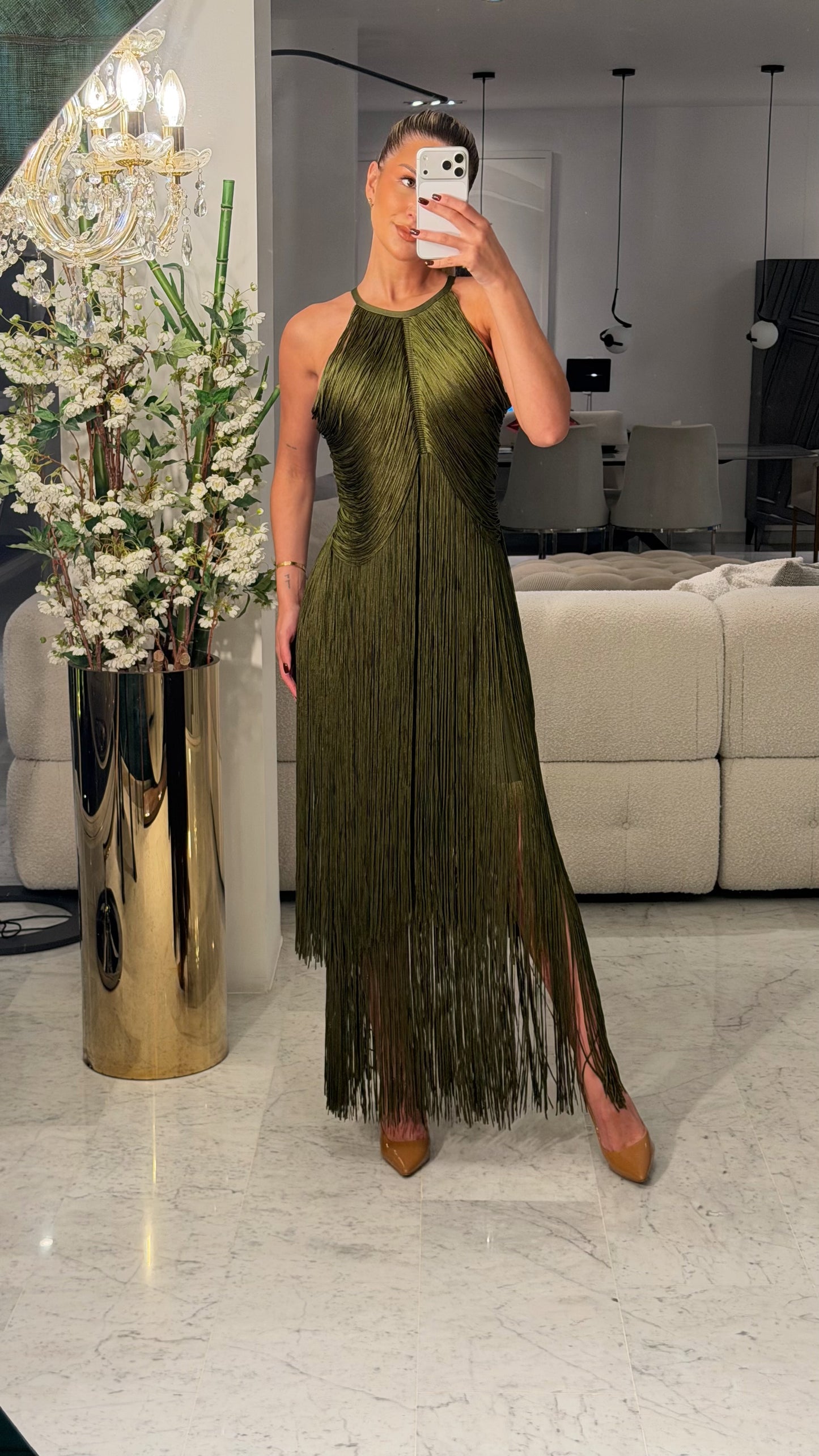 Vestido verde largo con flecos cb