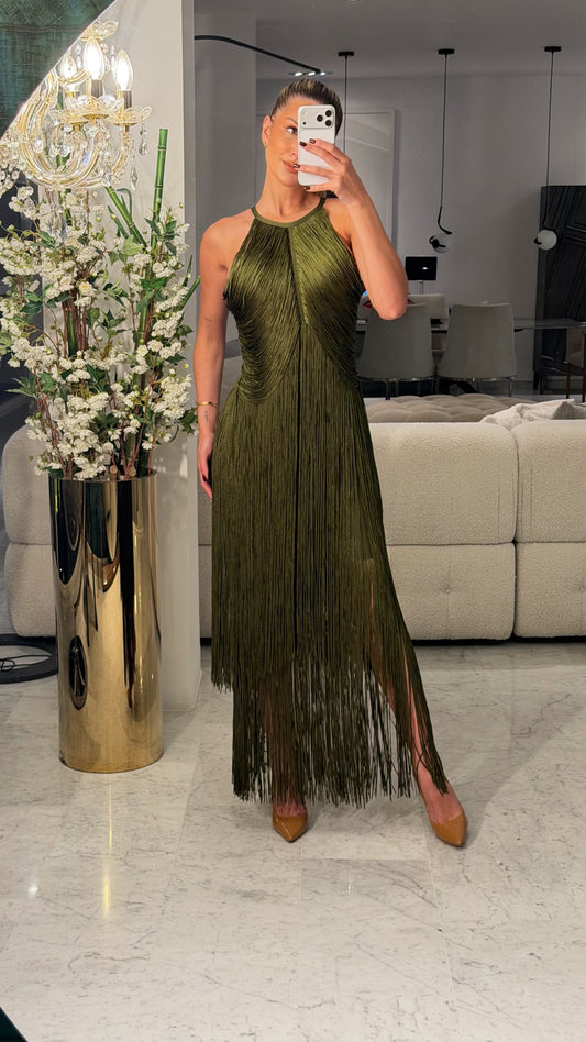Vestido verde largo con flecos cb