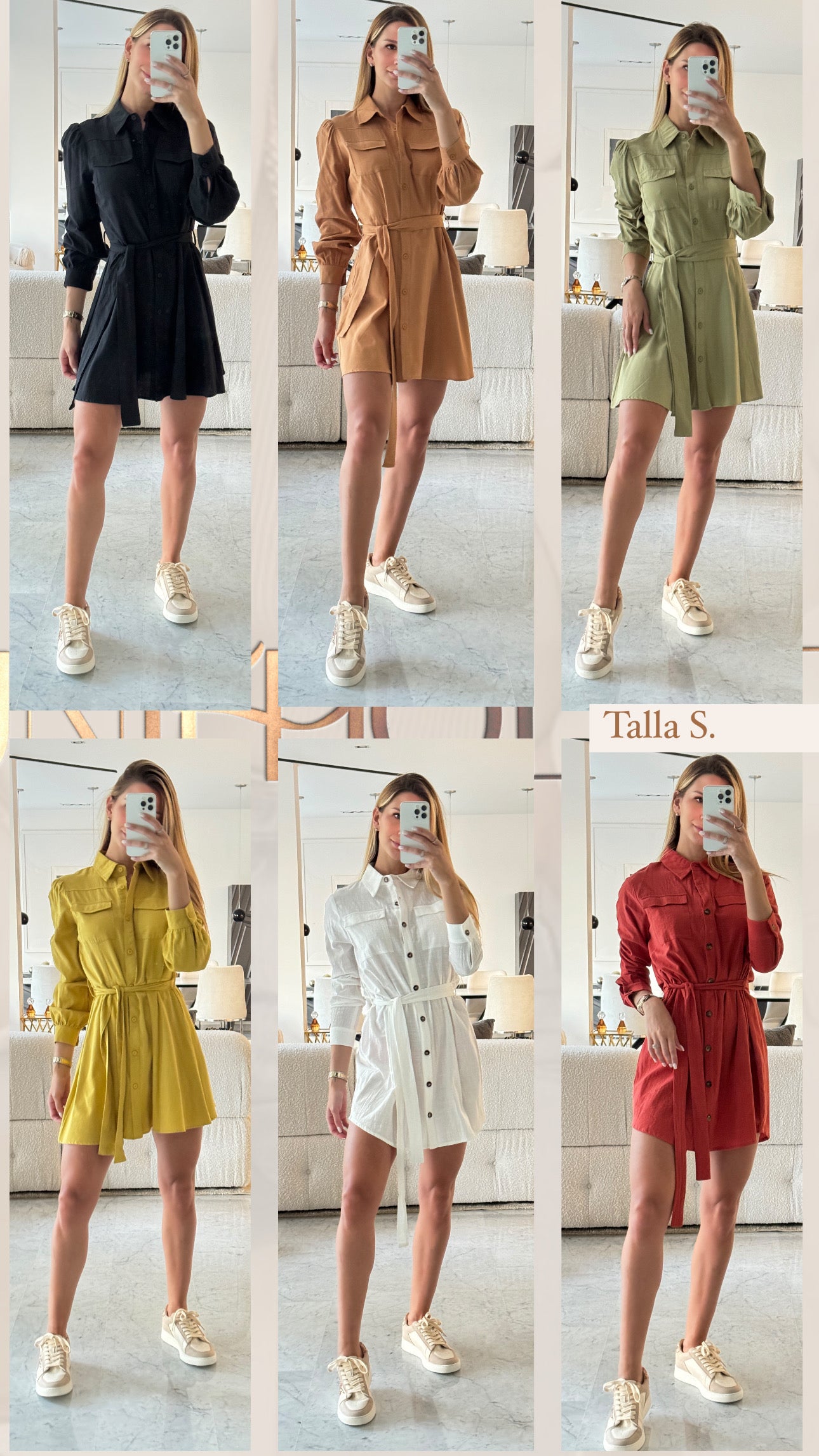 8 vestido corto con botones y correa cintura talla S. Blanco, terracota, verde, marrón, amarillo, negro