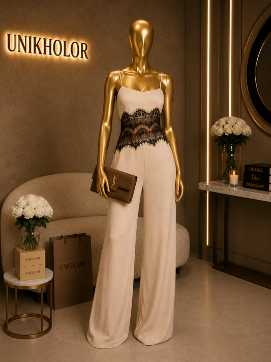 Jumpsuit champagne de seda y encaje negro cb