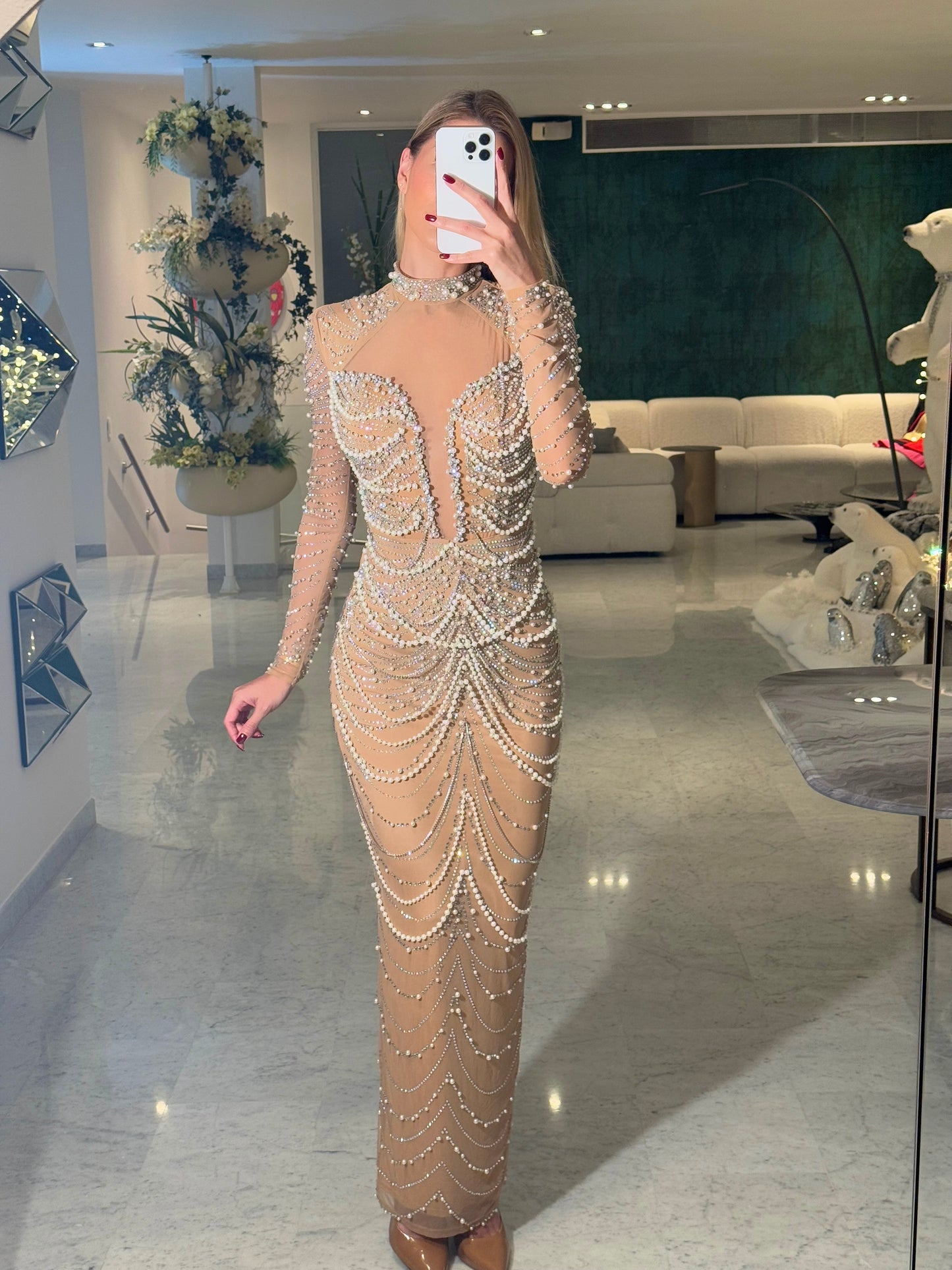 Vestido transparencia con perlas 1/1/1 175$