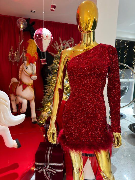 Vestido de una manga corto de lentejuelas y plumas cb