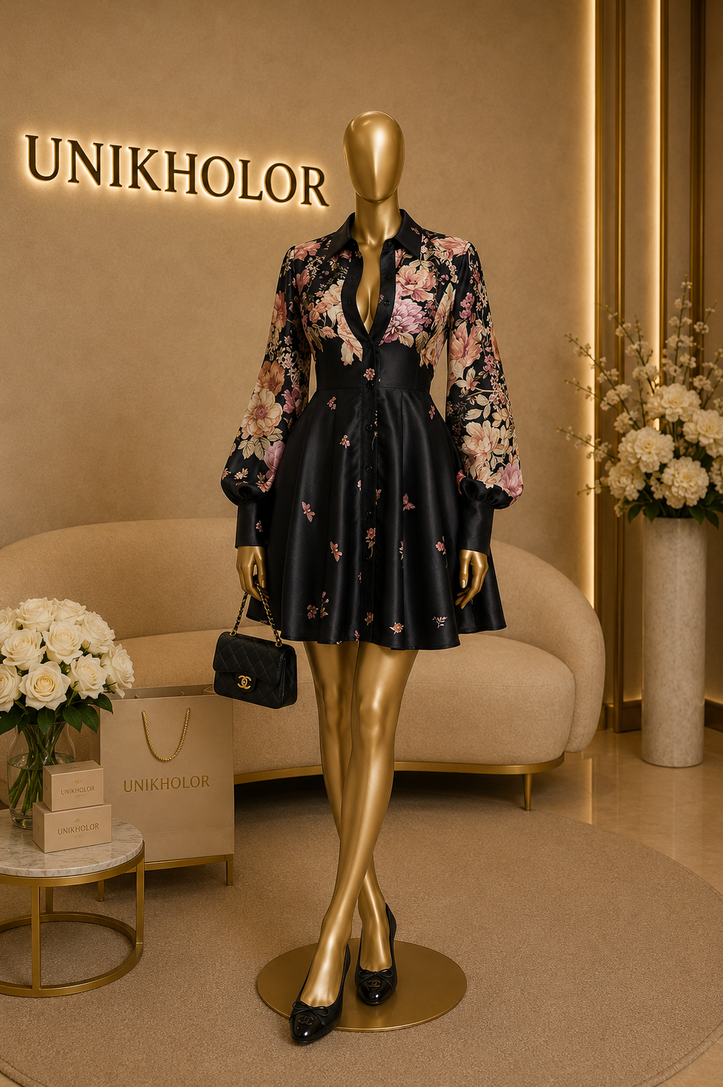 Vestido negro de seda floreado S