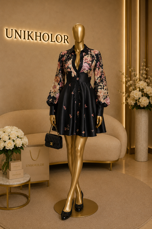 Vestido negro de seda floreado S