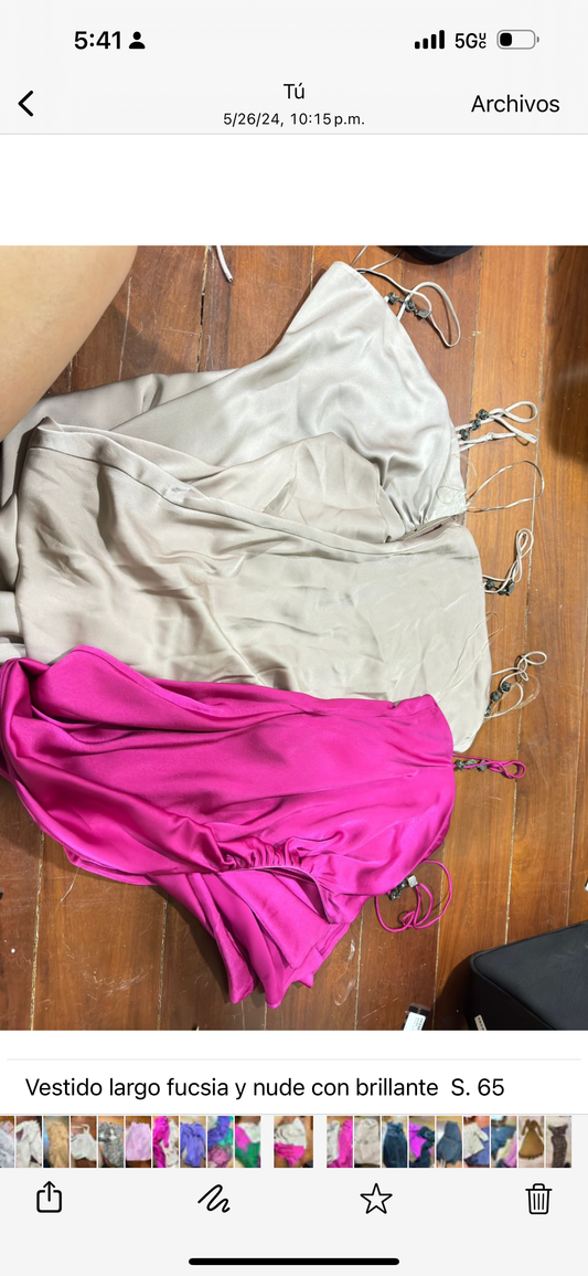 Vestido largo fucsia y nude con brillante  S