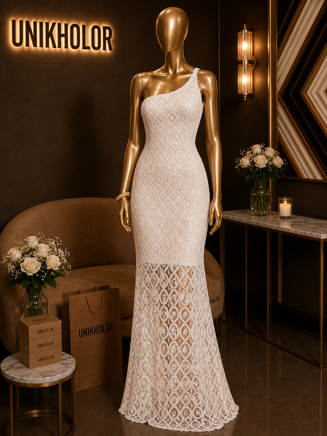 Vestido de un hombro beige con brillos cb