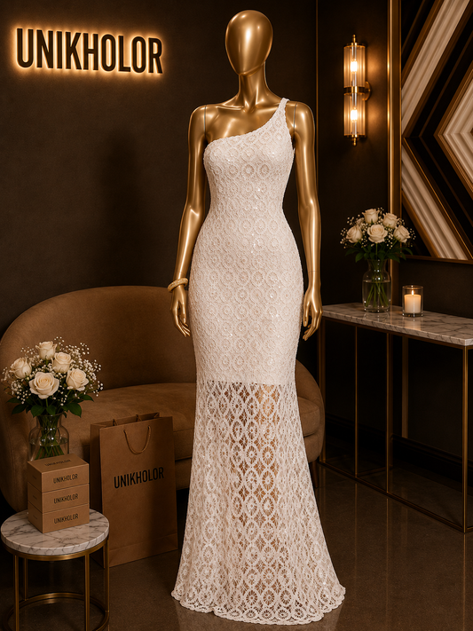 Vestido de un hombro beige con brillos cb