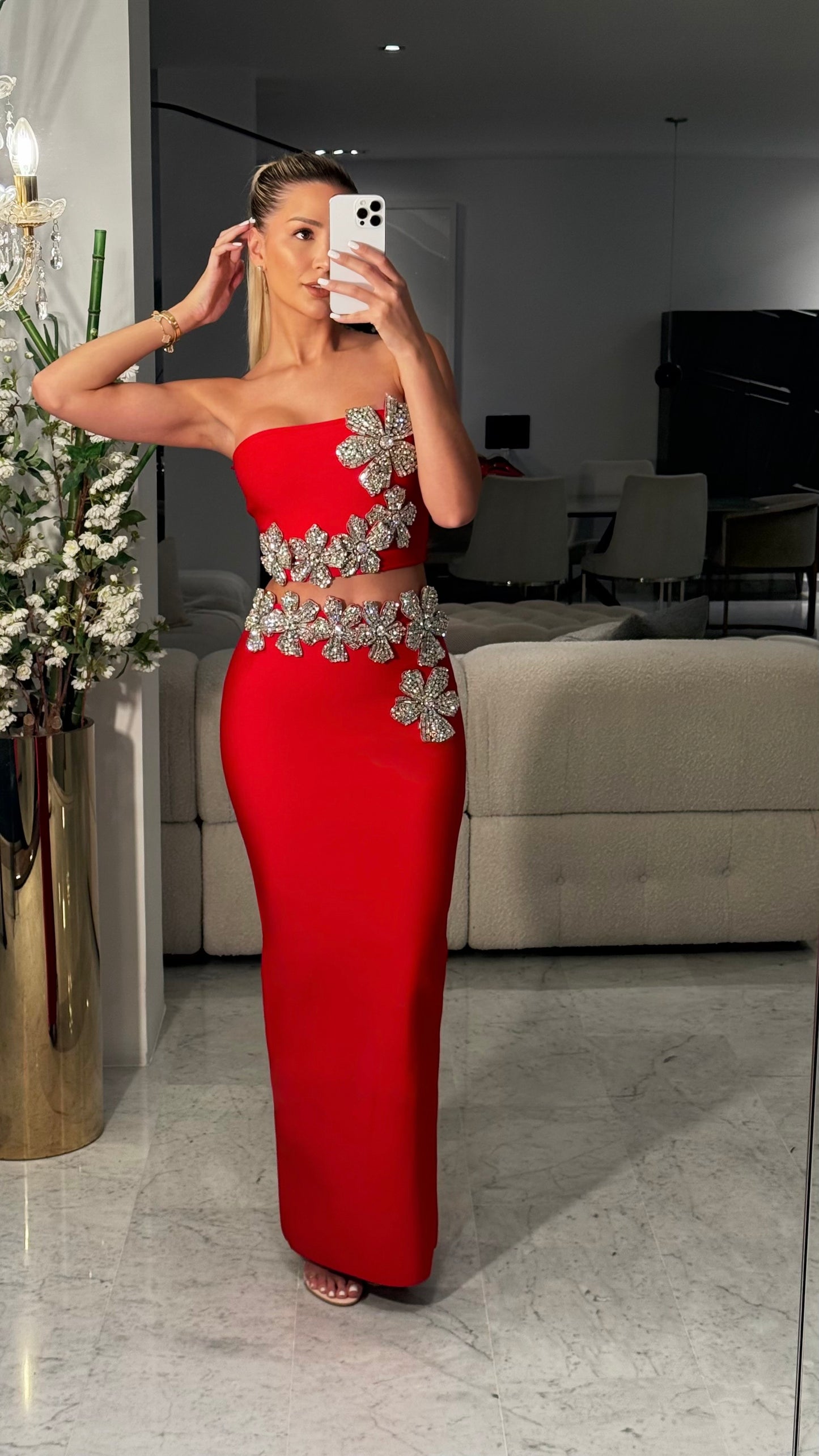 Set bandage de top y falda larga rojo cb 1S