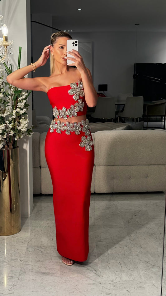 Set bandage de top y falda larga rojo cb 1S