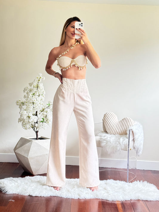 Set de pantalón de vestir y top con perlas kaki