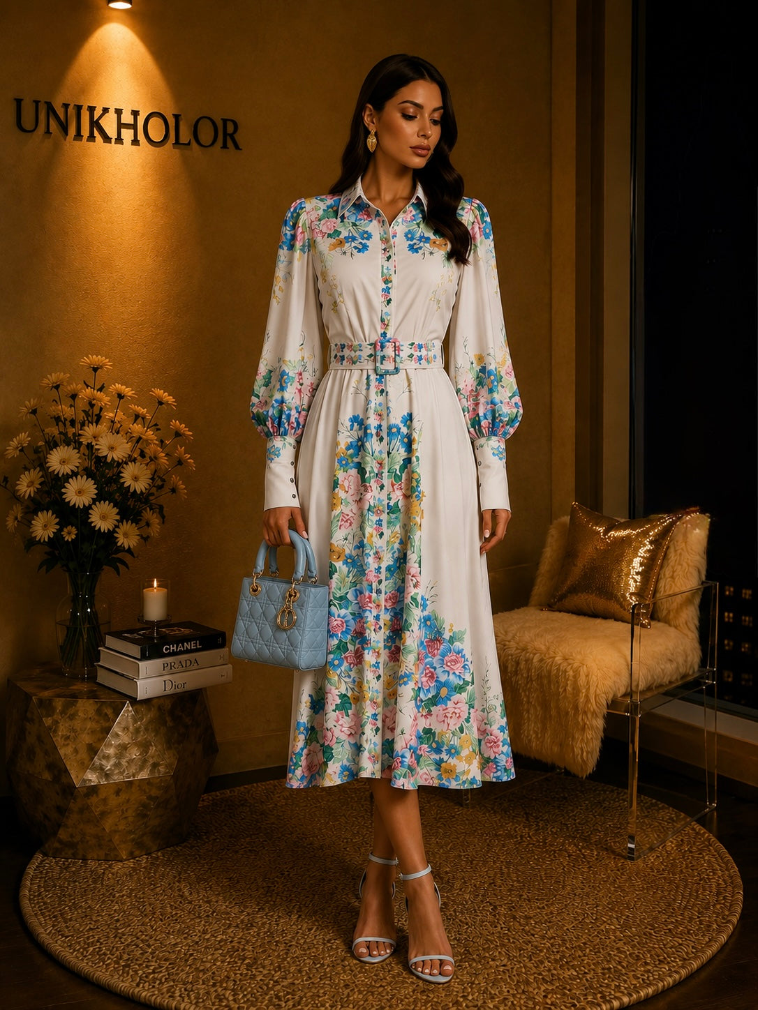Vestido blanco floreado con cinturón cb