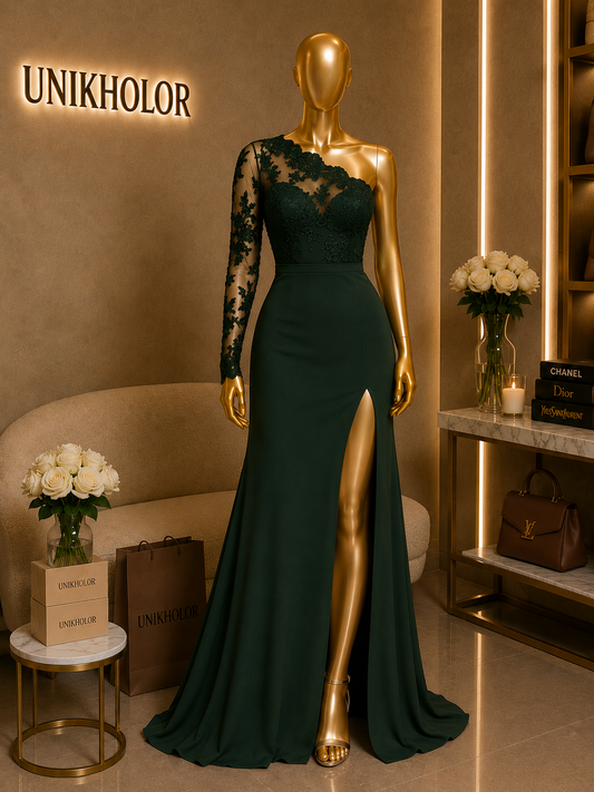 Vestido verde con media manga de encaje cb