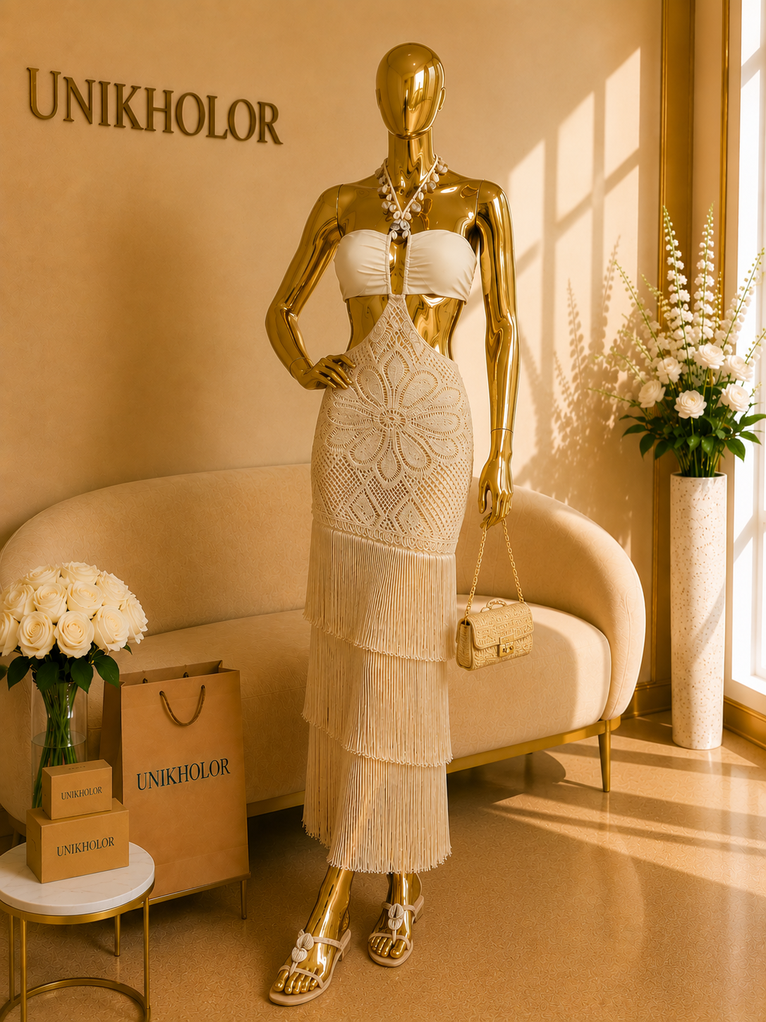 Vestido beige tejido y flecos blithe