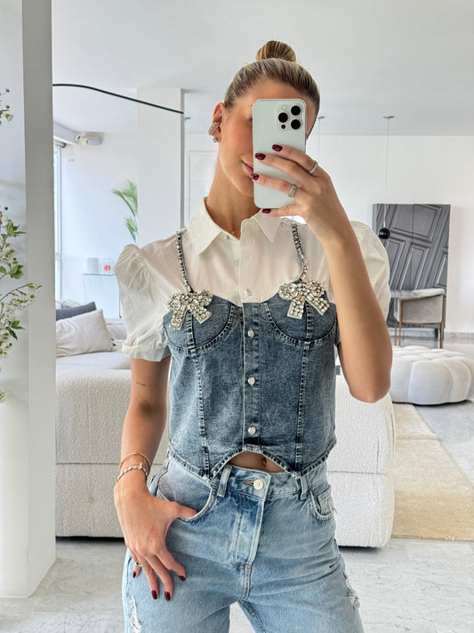 Camisa jeans con blanco y lazo