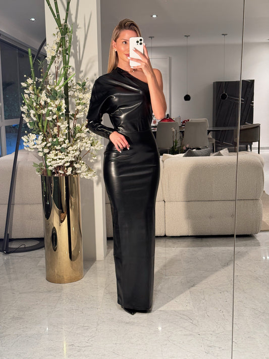 Vestido largo cuerina negro cb