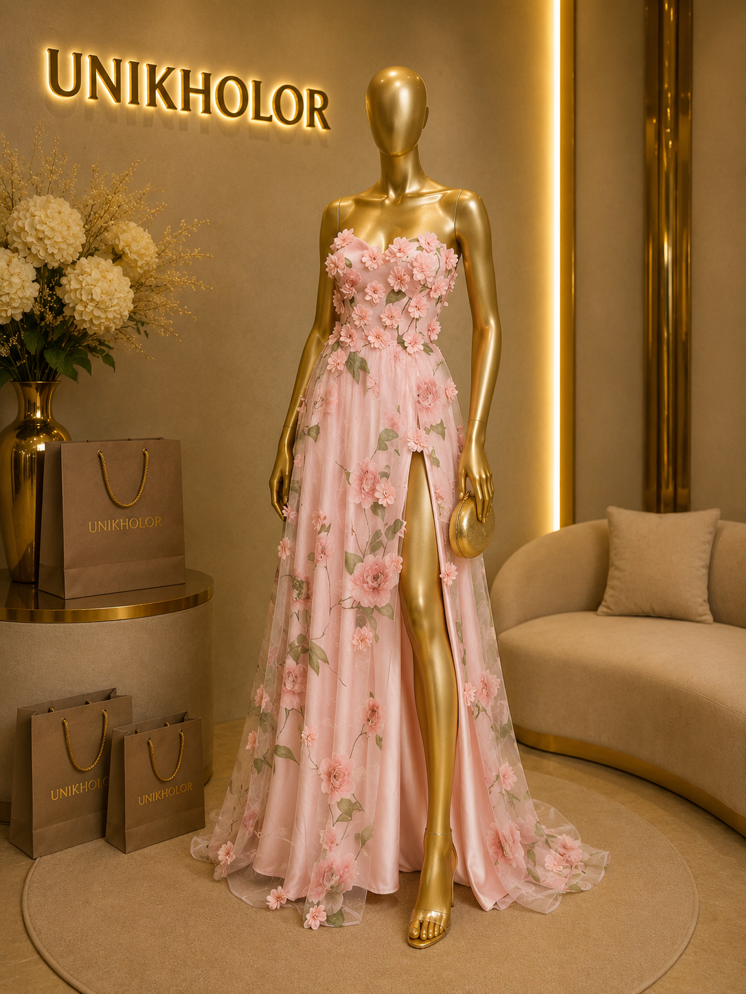 Vestido rosado strapless con flores cb $200