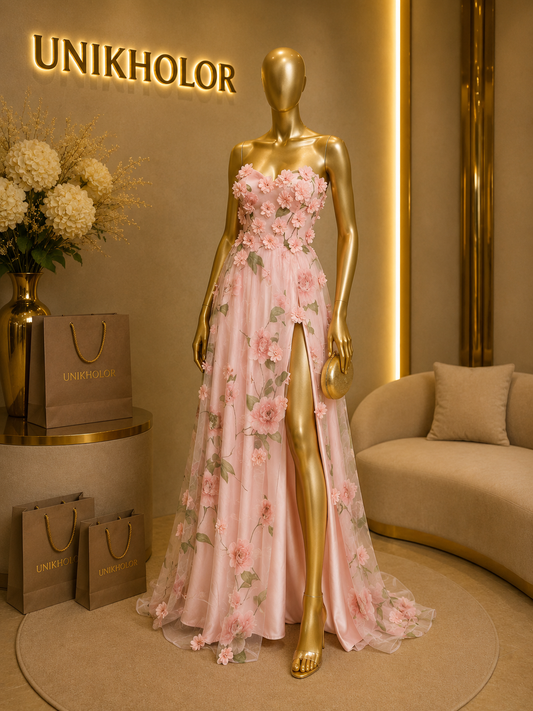 Vestido rosado strapless con flores cb $200